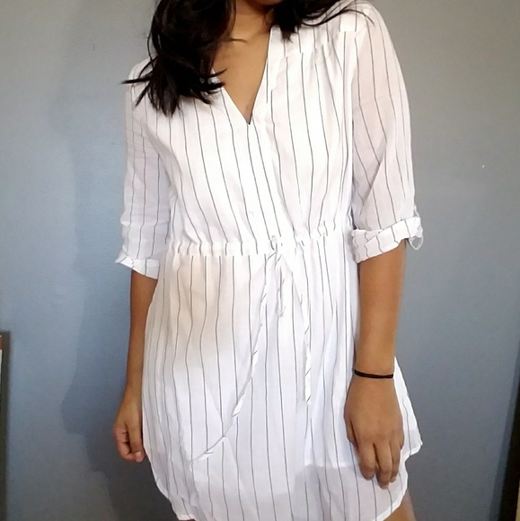 WHITE GRAY STRIPE STRIPE SHIRT DRESS - Picture 2 of 5